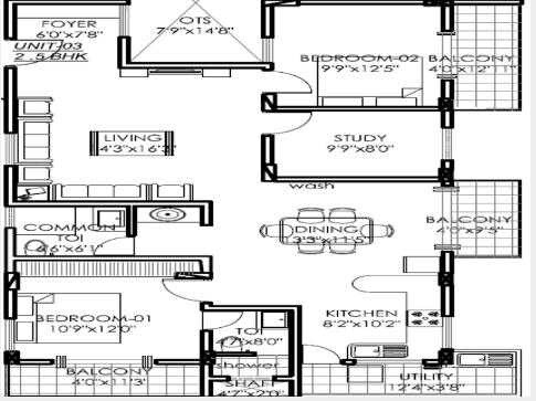 Floor plan of 2 BHK 1396 Sq. Ft. Apartment in MVB Rachana, Bangalore