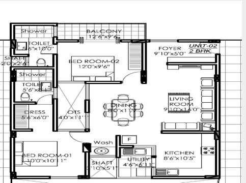 Floor plan of 2 BHK 1484 Sq. Ft. Apartment in MVB Rachana, Bangalore