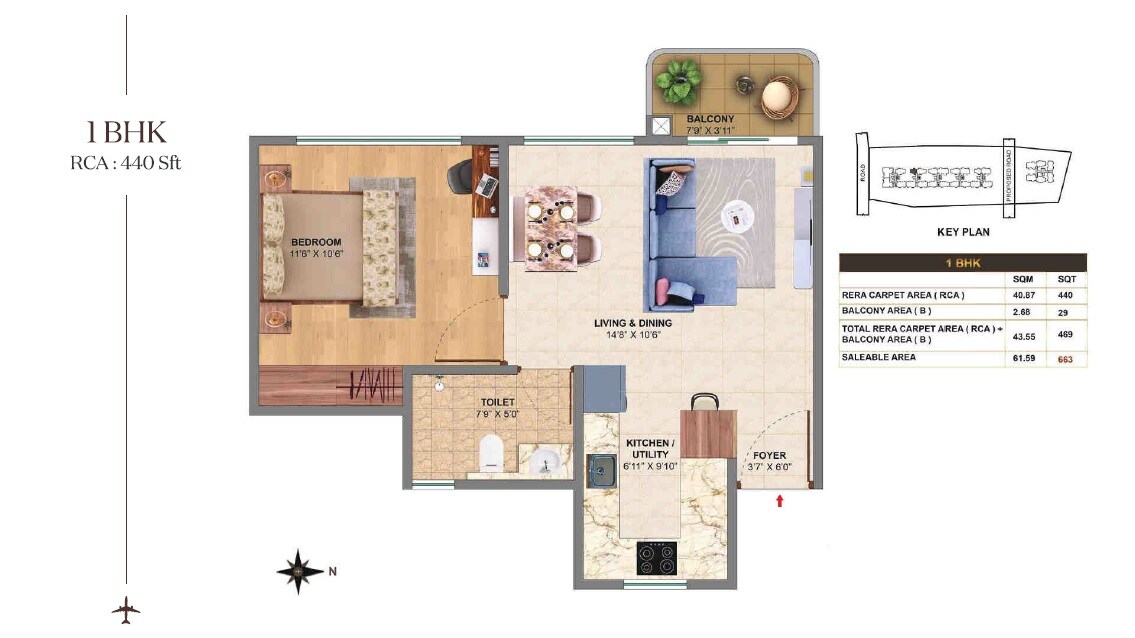 Floor plan of 1 BHK 663 Sq. Ft. Apartment in MVN Aero One, Bangalore