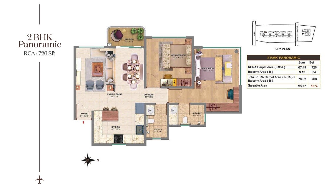 Floor plan of 2 BHK 1074 Sq. Ft. Apartment in MVN Aero One, Bangalore