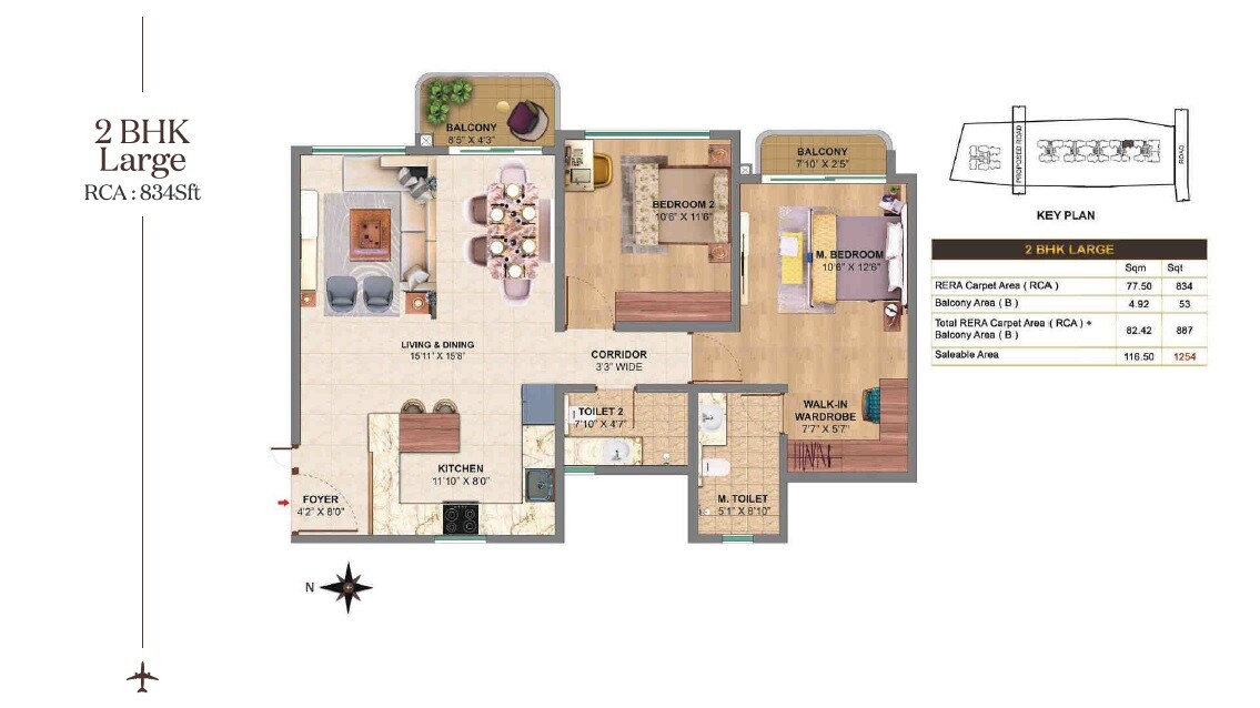 Floor plan of 2 BHK 1254 Sq. Ft. Apartment in MVN Aero One, Bangalore