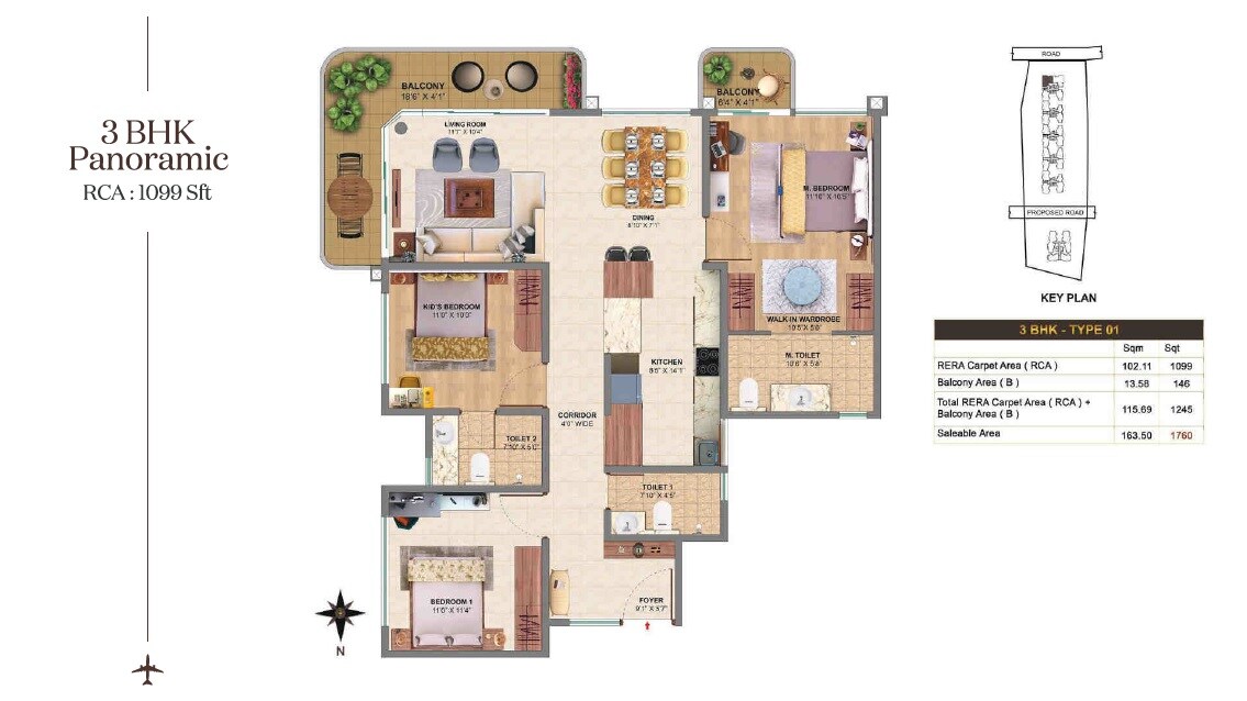 Floor plan of 3 BHK 1760 Sq. Ft. Apartment in MVN Aero One, Bangalore