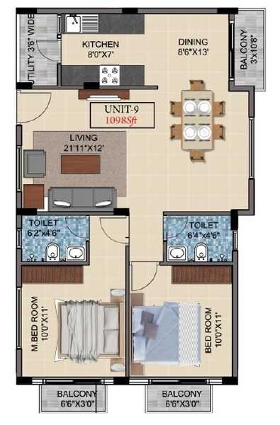 2 BHK 1098 Sq. Ft. Apartment