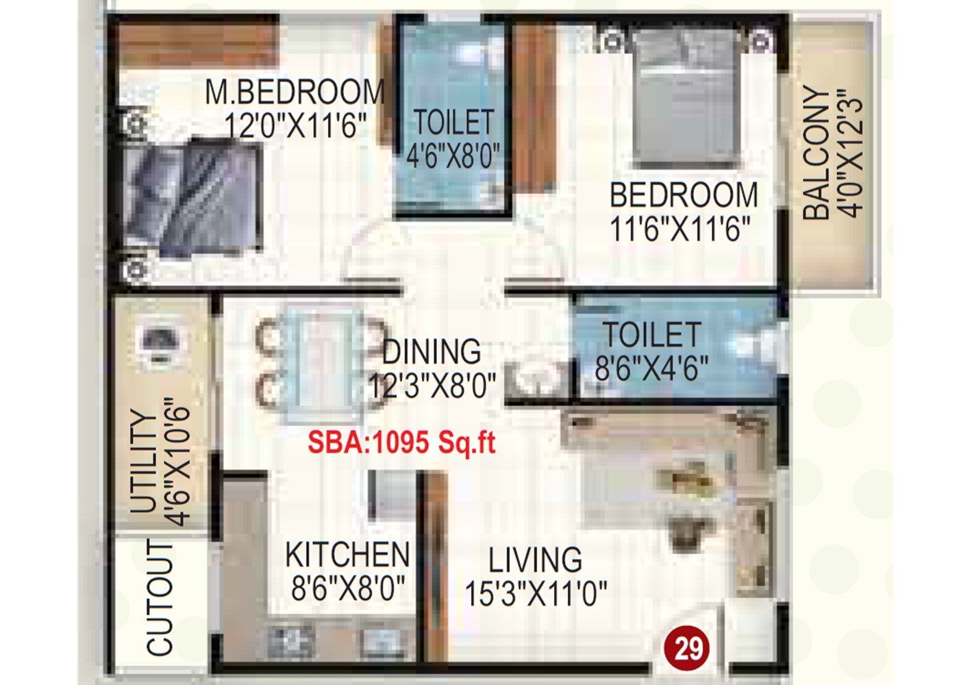Floor plan of 2 BHK 1095 Sq. Ft. Apartment in My Buildcon Serene, Bangalore