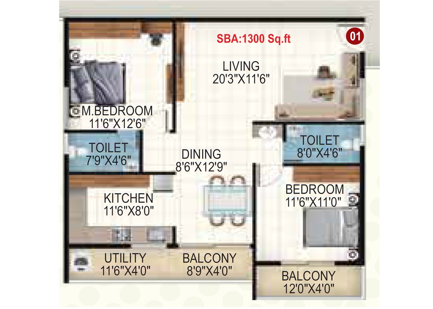 Floor plan of 2 BHK 1300 Sq. Ft. Apartment in My Buildcon Serene, Bangalore