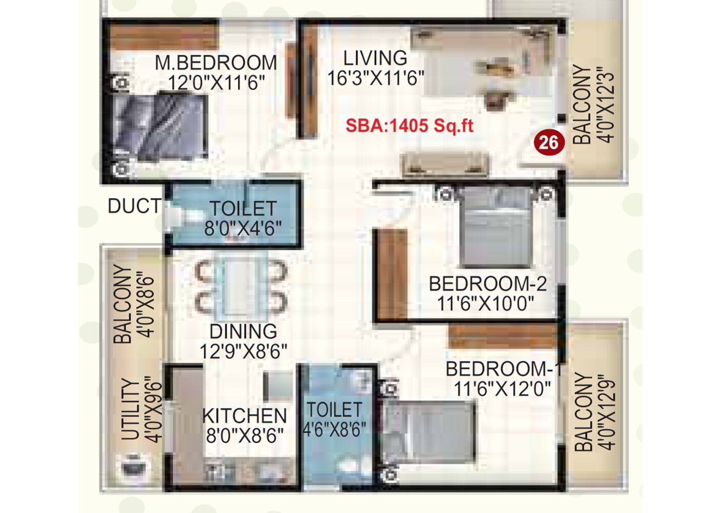 3 BHK 1405 Sq. Ft. Apartment