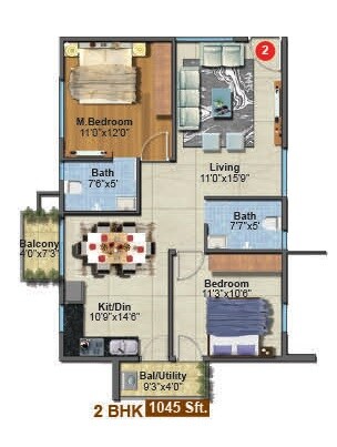 Floor plan of 2 BHK 1045 Sq. Ft. Apartment in Myhna Maple, Bangalore