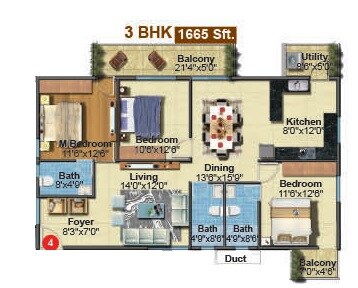 Floor plan of 3 BHK 1665 Sq. Ft. Apartment in Myhna Maple, Bangalore