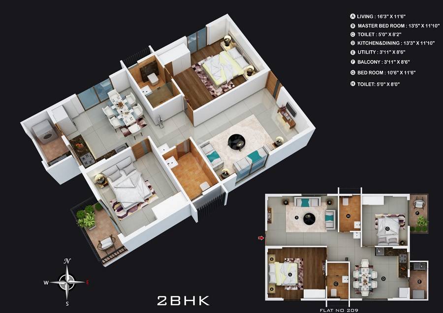 Floor plan of 2 BHK 1160 Sq. Ft. Apartment in Myhna Orchid, Bangalore