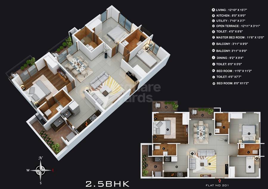 Floor plan of 2 BHK 1290 Sq. Ft. Apartment in Myhna Orchid, Bangalore