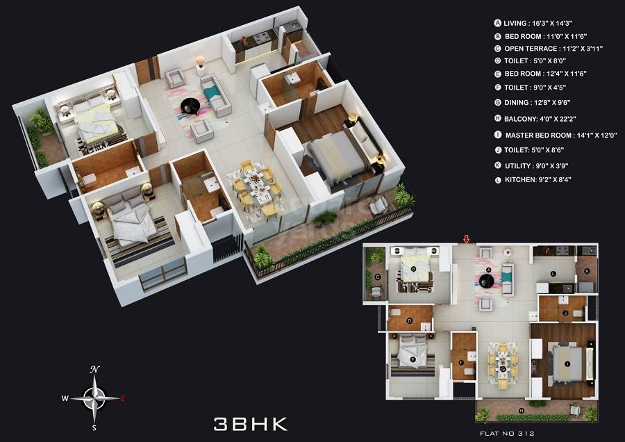 Floor plan of 3 BHK 1470 Sq. Ft. Apartment in Myhna Orchid, Bangalore