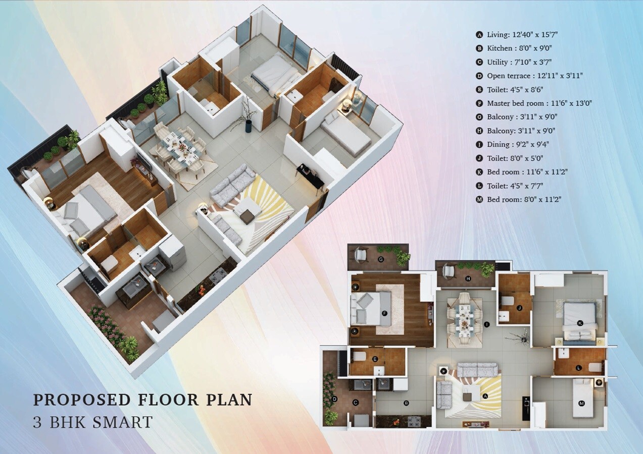 Floor plan of 3 BHK 1670 Sq. Ft. Apartment in Myhna Orchid, Bangalore