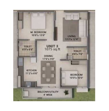 Floor plan of 2 BHK 1075 Sq. Ft. Apartment in Mystic Nest, Bangalore