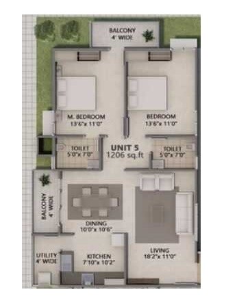 Floor plan of 2 BHK 1206 Sq. Ft. Apartment in Mystic Nest, Bangalore
