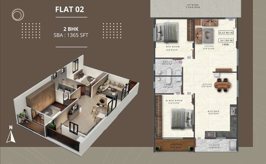 Floor plan of 2 BHK 1365 Sq. Ft. Apartment in Mythri Apartments, Bangalore