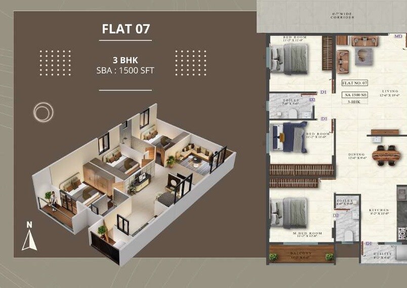 Floor plan of 3 BHK 1500 Sq. Ft. Apartment in Mythri Apartments, Bangalore