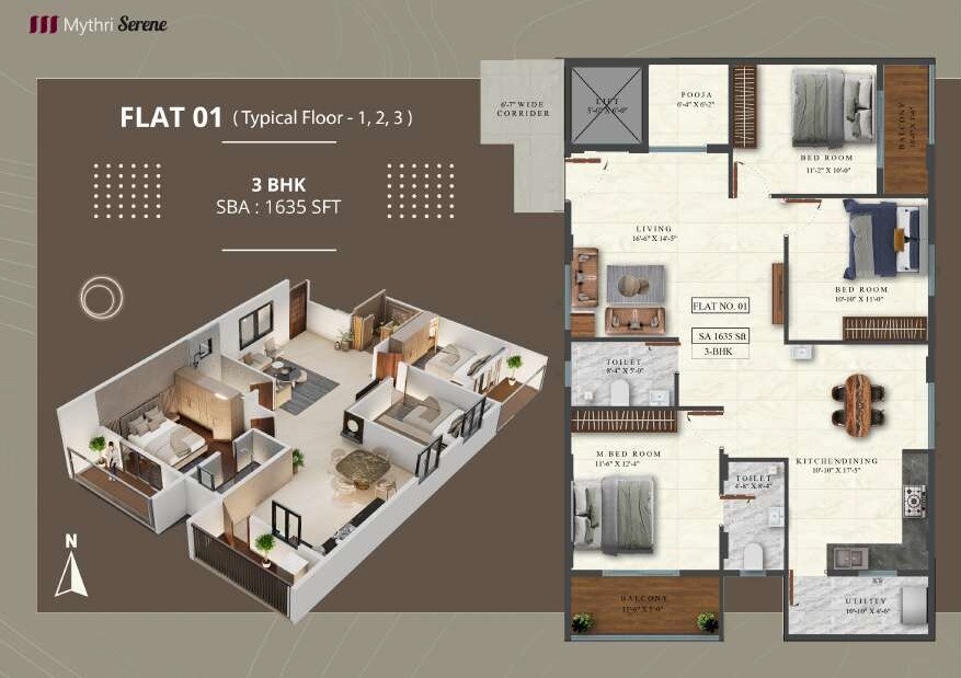 Floor plan of 3 BHK 1635 Sq. Ft. Apartment in Mythri Apartments, Bangalore