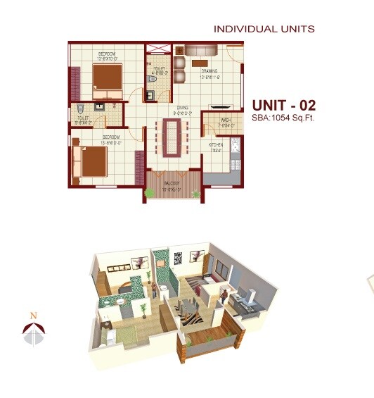 Floor plan of 2 BHK 1054 Sq. Ft. Apartment in Mythri Arteor, Bangalore