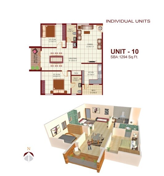 Floor plan of 2 BHK 1294 Sq. Ft. Apartment in Mythri Arteor, Bangalore