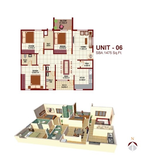 Floor plan of 3 BHK 1475 Sq. Ft. Apartment in Mythri Arteor, Bangalore