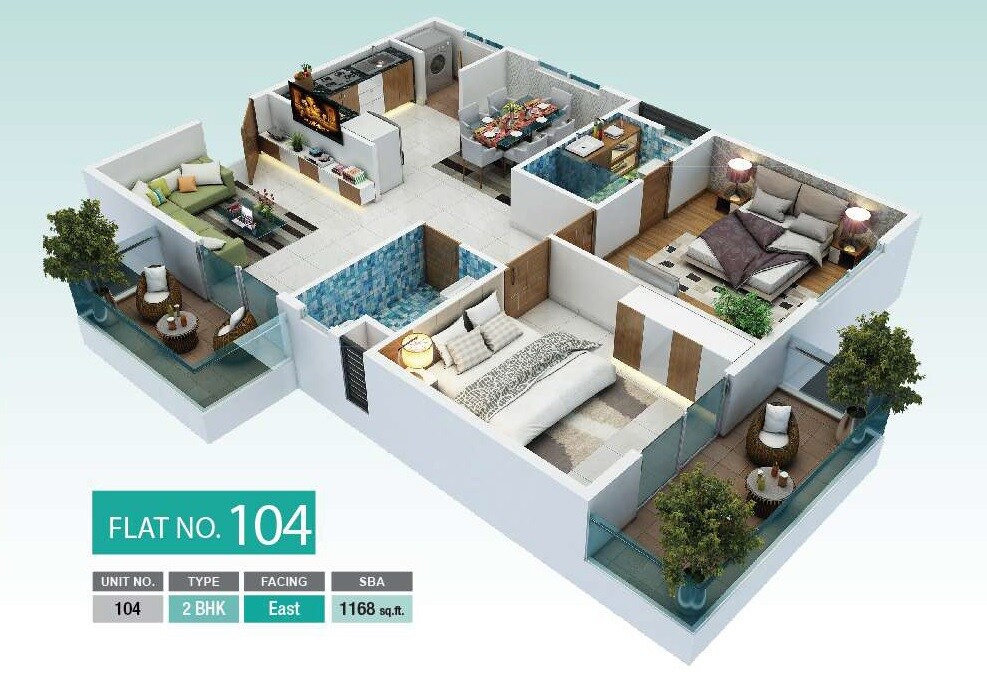 Floor plan of 2 BHK 1168 Sq. Ft. Apartment in Mythri Habitat, Bangalore