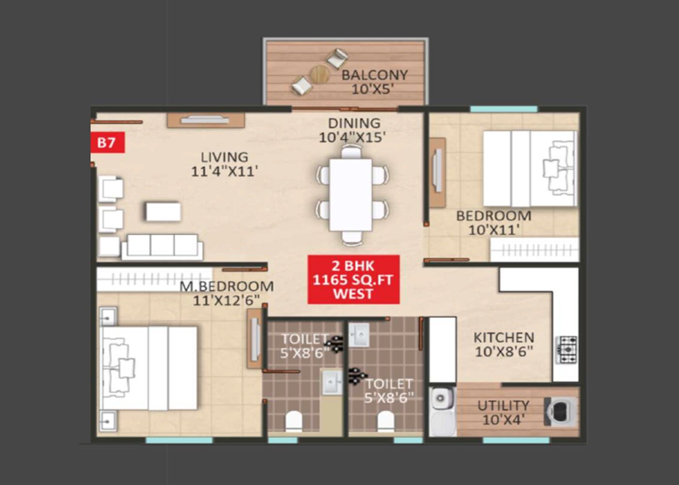 Floor plan of 2 BHK 1165 Sq. Ft. Apartment in Mythri Sankalp DKM, Bangalore