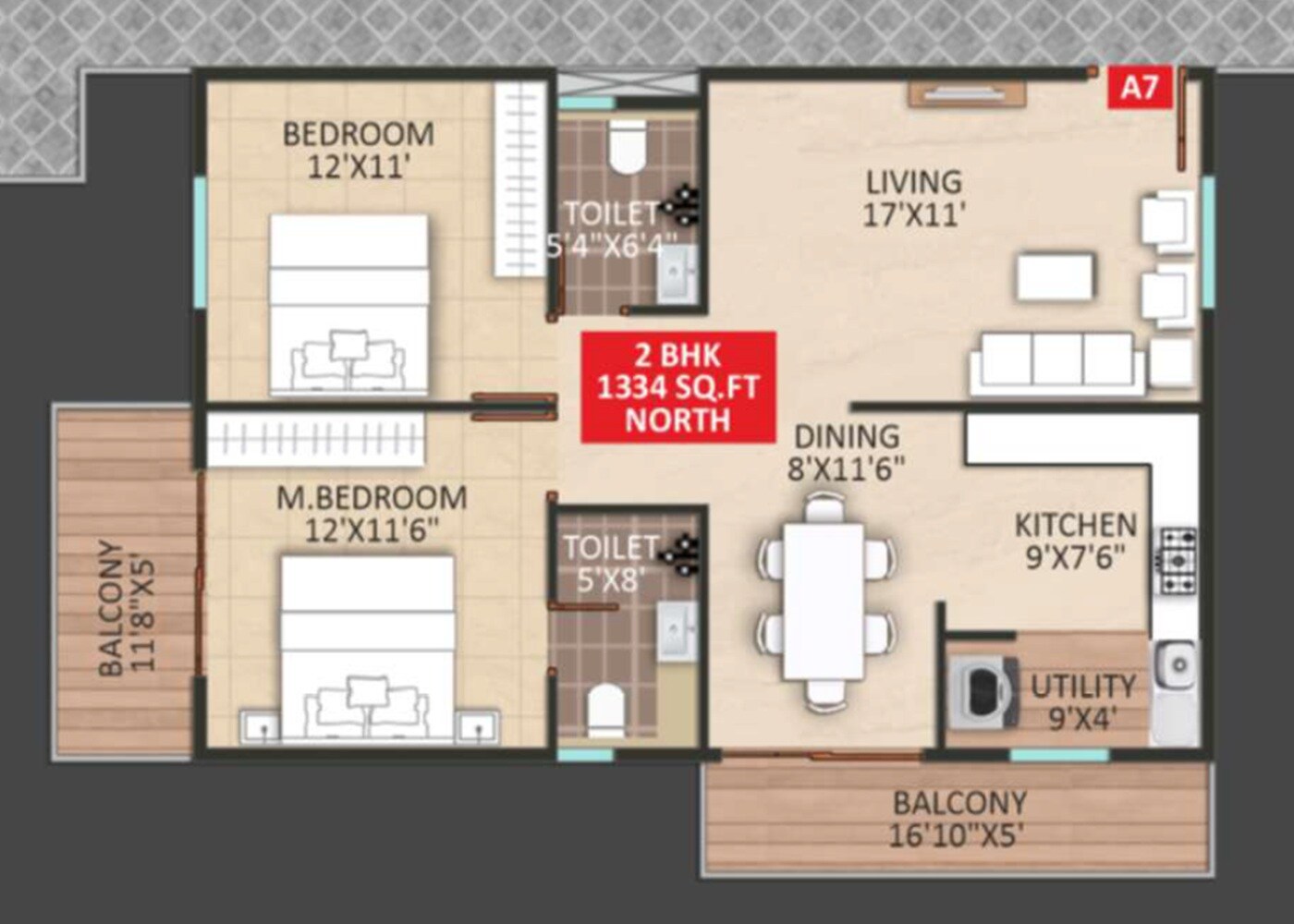Floor plan of 2 BHK 1334 Sq. Ft. Apartment in Mythri Sankalp DKM, Bangalore