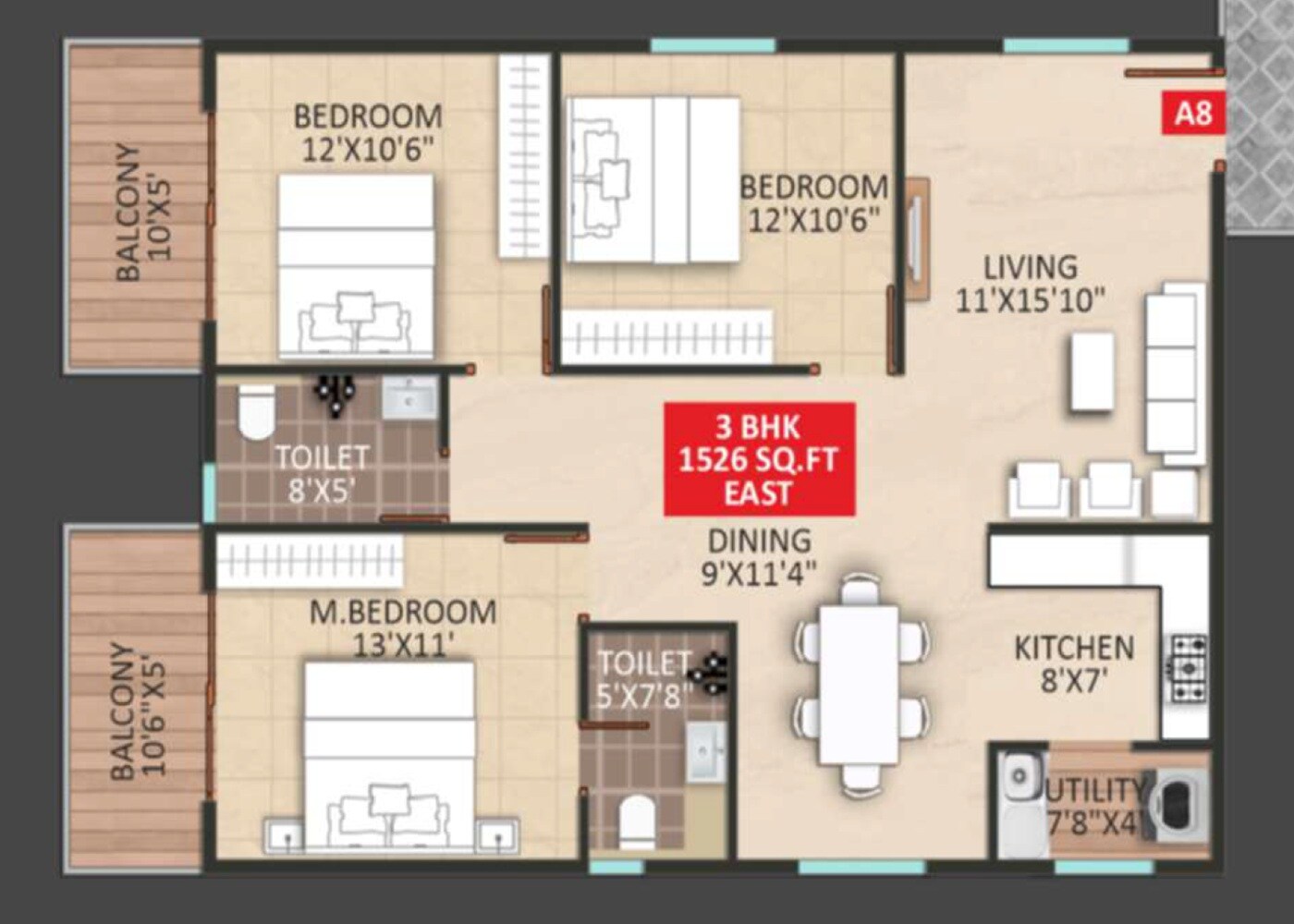 Floor plan of 3 BHK 1526 Sq. Ft. Apartment in Mythri Sankalp DKM, Bangalore