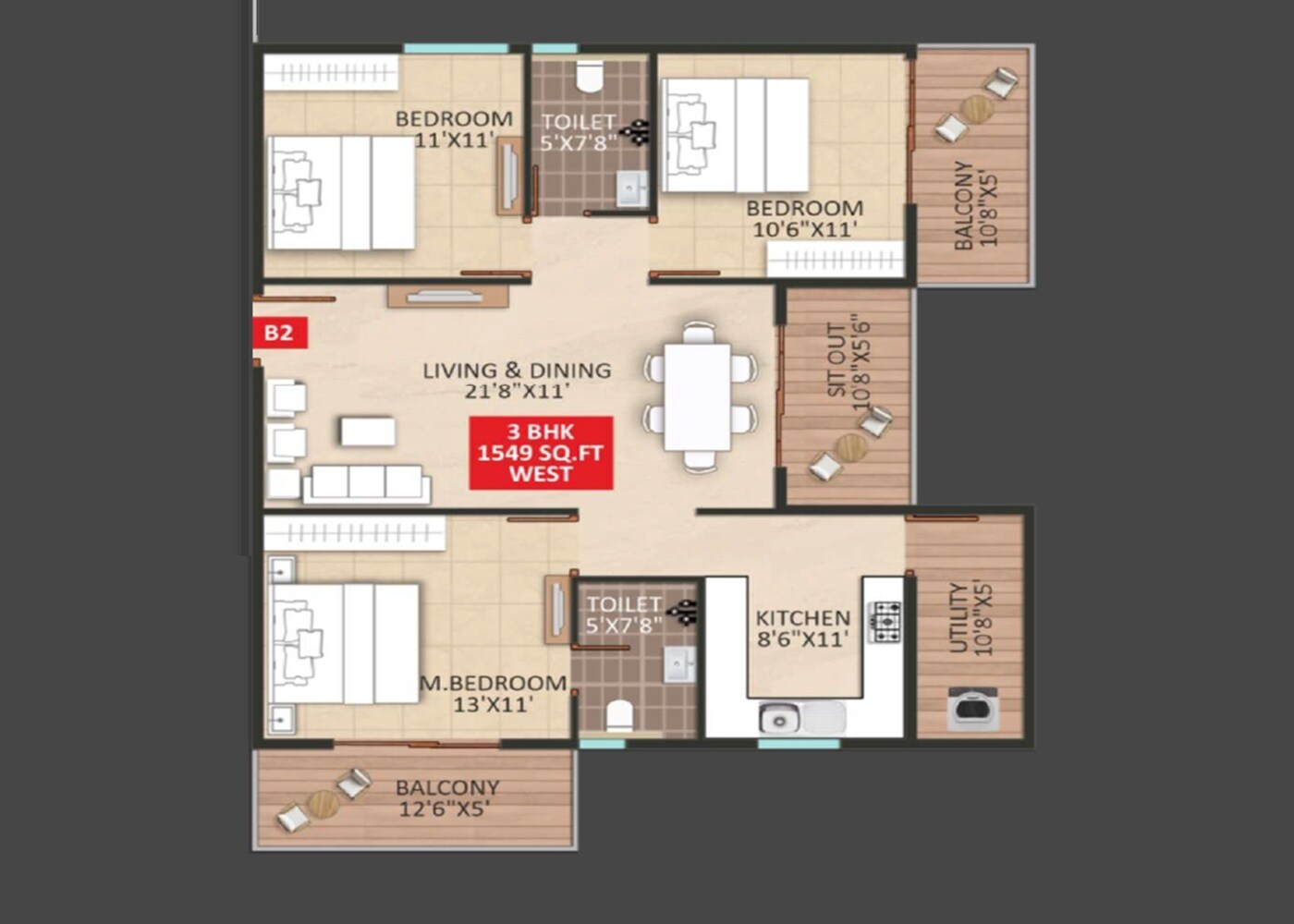 Floor plan of 3 BHK 1549 Sq. Ft. Apartment in Mythri Sankalp DKM, Bangalore