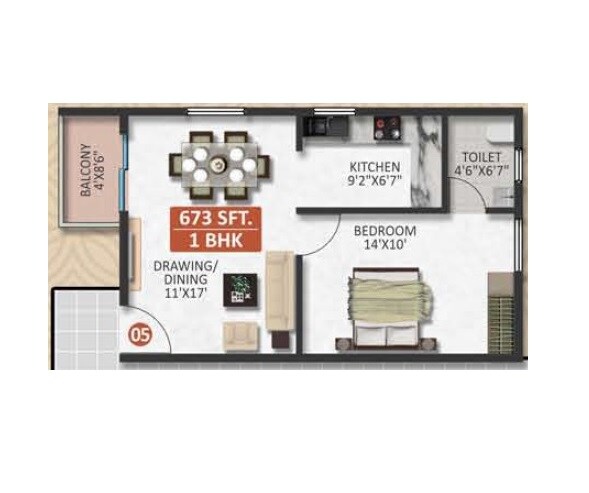 Floor plan of 1 BHK 673 Sq. Ft. Apartment in Mythri Sapphire, Bangalore