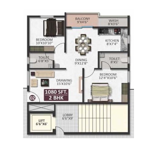 Floor plan of 2 BHK 1080 Sq. Ft. Apartment in Mythri Sapphire, Bangalore