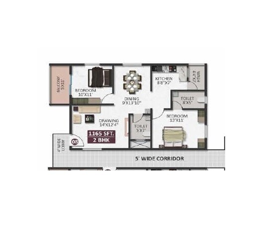 Floor plan of 2 BHK 1165 Sq. Ft. Apartment in Mythri Sapphire, Bangalore