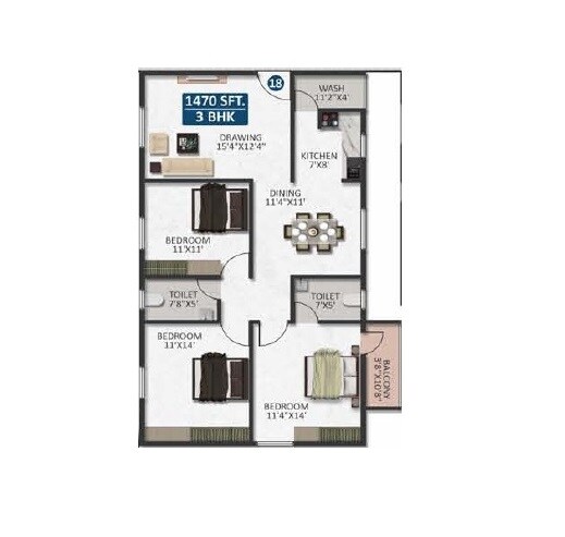 Floor plan of 3 BHK 1470 Sq. Ft. Apartment in Mythri Sapphire, Bangalore