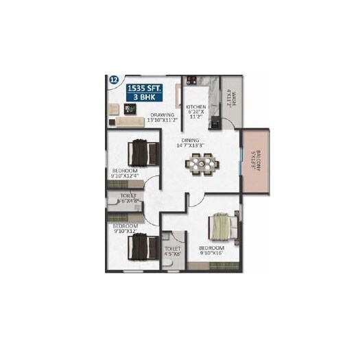 Floor plan of 3 BHK 1535 Sq. Ft. Apartment in Mythri Sapphire, Bangalore