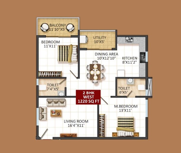 Floor plan of 2 BHK 1220 Sq. Ft. Apartment in Mythri Signature, Bangalore