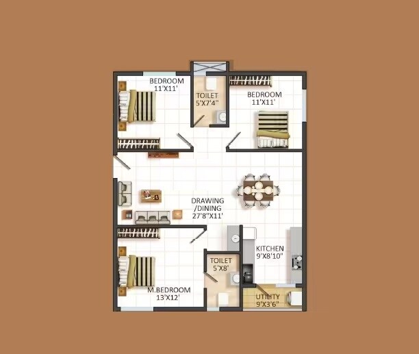 Floor plan of 3 BHK 1430 Sq. Ft. Apartment in Mythri Signature, Bangalore