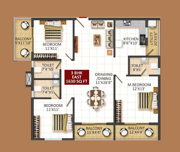 Floor plan of 3 BHK 1630 Sq. Ft. Apartment in Mythri Signature, Bangalore