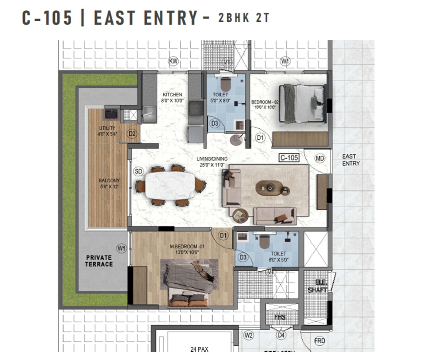 Floor plan of 2 BHK 1182 Sq. Ft. Apartment in Mythri Sity, Bangalore