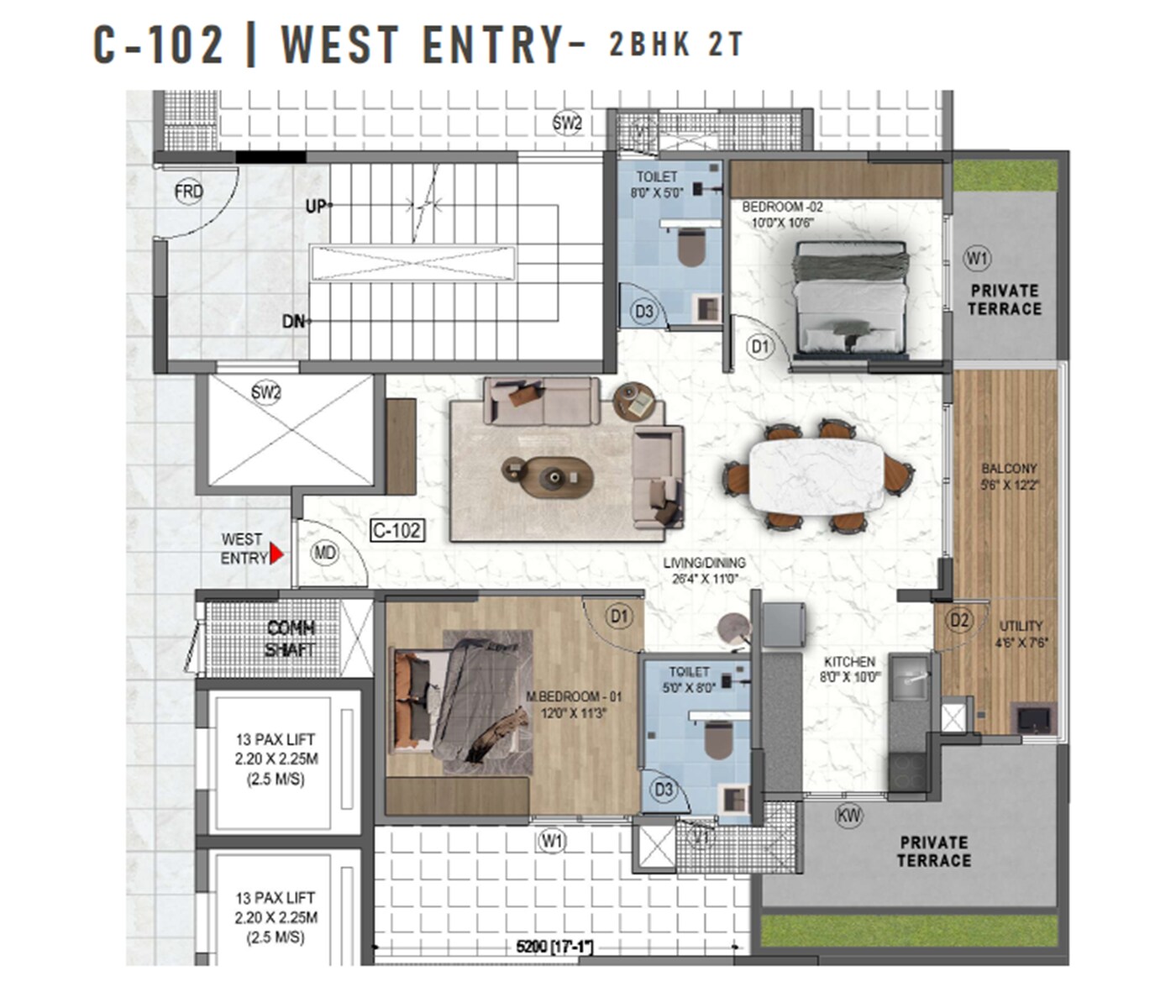 Floor plan of 2 BHK 1278 Sq. Ft. Apartment in Mythri Sity, Bangalore
