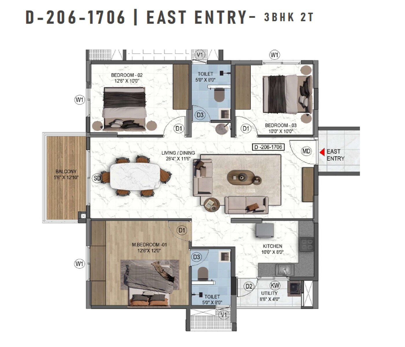Floor plan of 3 BHK 1505 Sq. Ft. Apartment in Mythri Sity, Bangalore