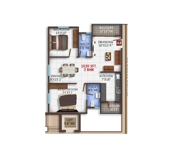 Floor plan of 2 BHK 1020 Sq. Ft. Apartment in Mythri Square, Bangalore