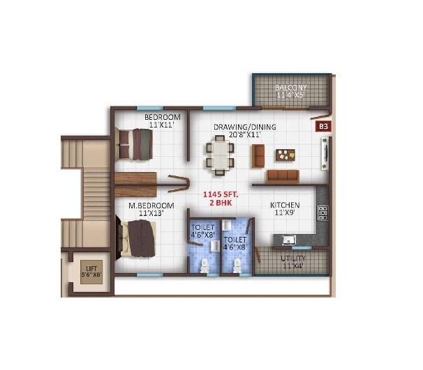 Floor plan of 2 BHK 1145 Sq. Ft. Apartment in Mythri Square, Bangalore