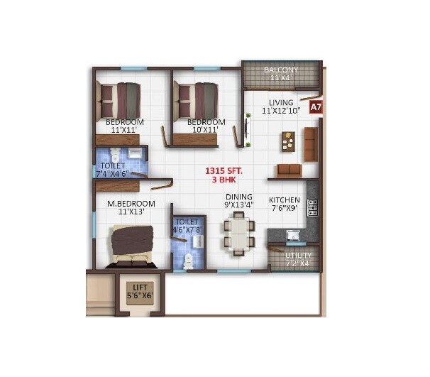 Floor plan of 3 BHK 1315 Sq. Ft. Apartment in Mythri Square, Bangalore