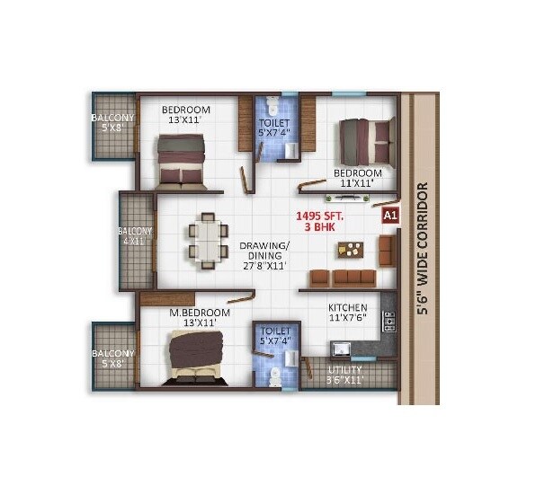 Floor plan of 3 BHK 1495 Sq. Ft. Apartment in Mythri Square, Bangalore