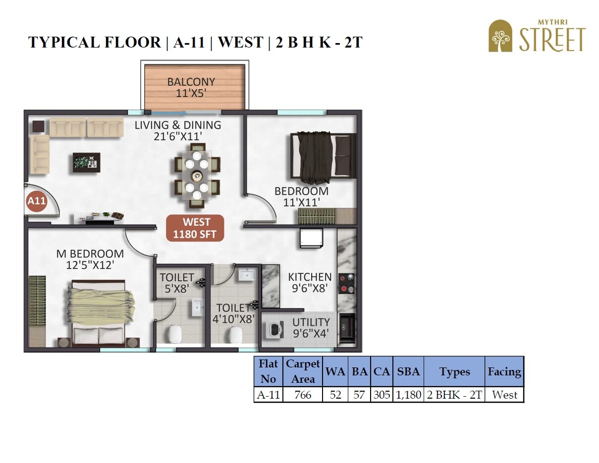 Floor plan of 2 BHK 1180 Sq. Ft. Apartment in Mythri Street, Bangalore