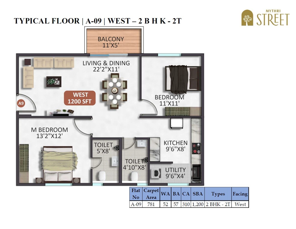 Floor plan of 2 BHK 1200 Sq. Ft. Apartment in Mythri Street, Bangalore