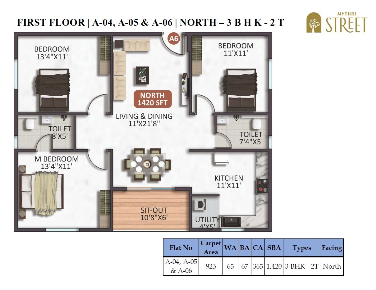 Floor plan of 3 BHK 1420 Sq. Ft. Apartment in Mythri Street, Bangalore