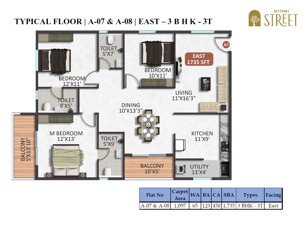 Floor plan of 3 BHK 1735 Sq. Ft. Apartment in Mythri Street, Bangalore