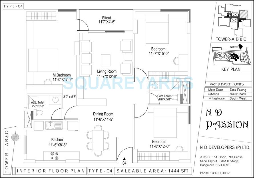 Floor plan of 3 BHK 1444 Sq. Ft. Apartment in N D Passion, Bangalore