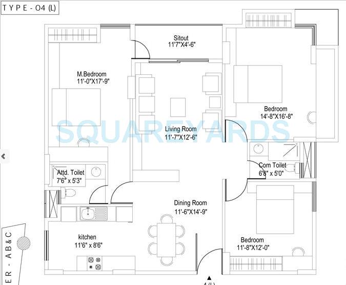 Floor plan of 3 BHK 1525 Sq. Ft. Apartment in N D Passion, Bangalore
